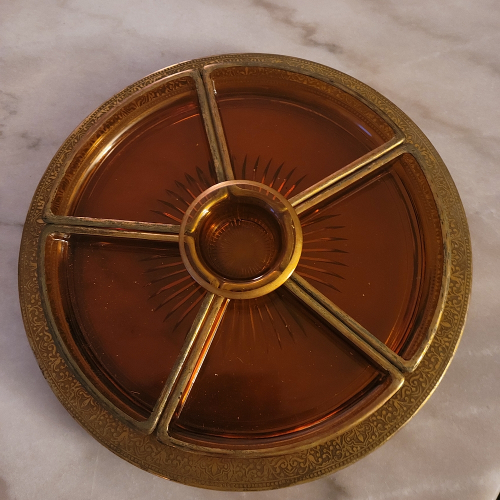 Vintage Amber Glass Serving Tray with Gold Accents